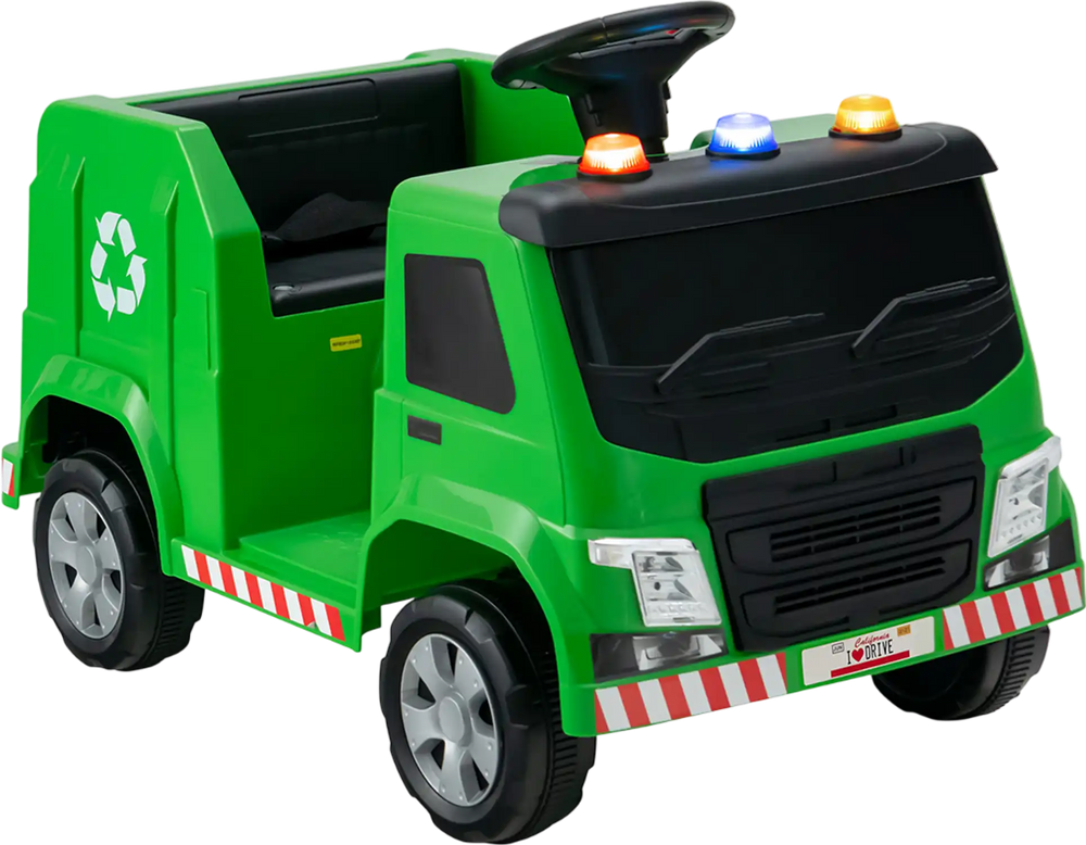 Green 12V kids ride-on garbage truck with warning lights, recycling box, and safety features for fun outdoor play.