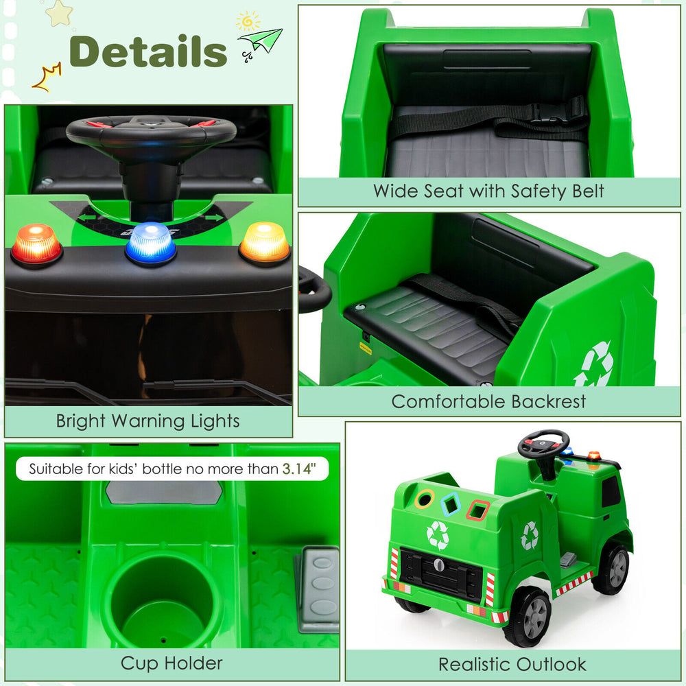 Green 12V kids ride-on garbage truck with realistic design, wide seat, safety belt, and cup holder for fun recycling.