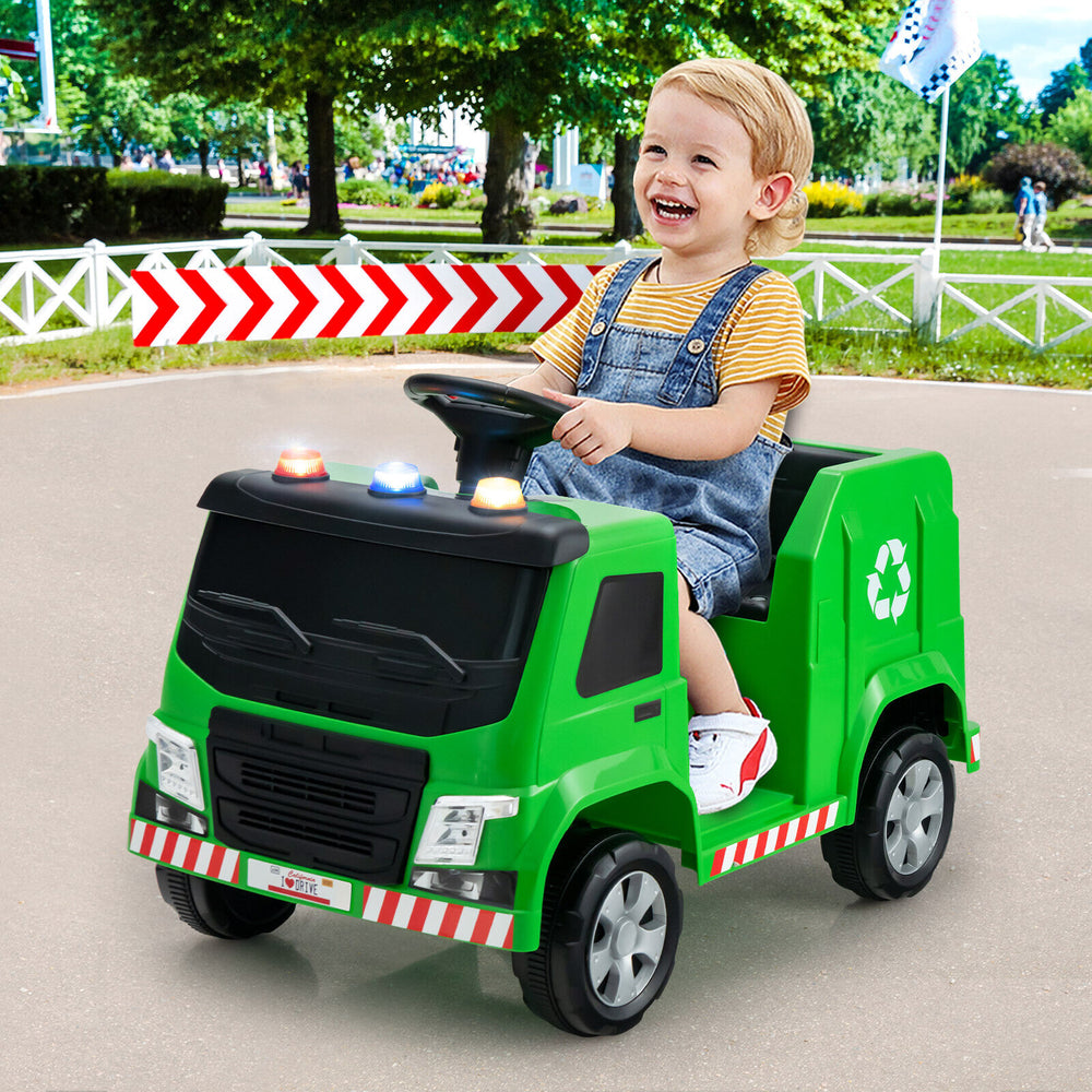 Green 12V kids ride-on garbage truck with warning lights, recycling accessories, and comfortable seat for safe driving.