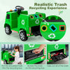 Green 12V kids ride-on garbage truck with realistic recycling box and 6 accessories for fun learning and play.