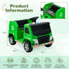 Side view of the green 12V kids ride-on garbage truck showcasing the wide seat, footrest, and safety belt for.