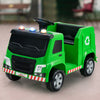 Green 12V kids ride-on garbage truck with warning lights, realistic recycling box, and comfortable seating for safe fun.