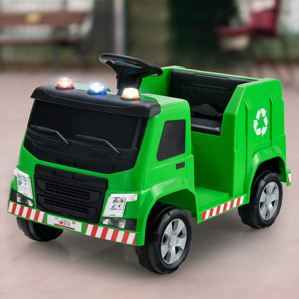 Green 12V kids ride-on garbage truck with warning lights, realistic recycling box, and comfortable seating for safe fun.