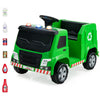 Green 12V kids ride-on garbage truck with warning lights, recycling accessories, and safety features for fun outdoor.