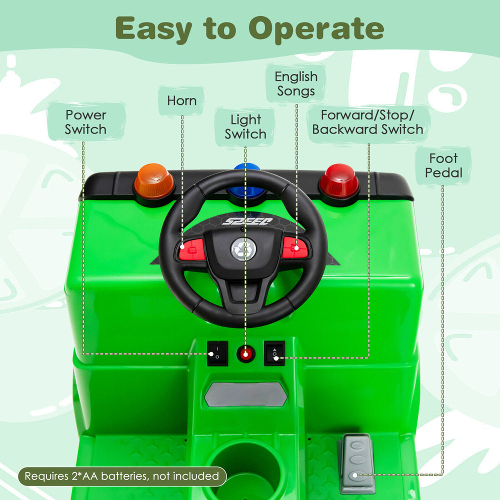 Top view of the 12V Kids Ride-on Garbage Truck controls with horn, light switch, and foot pedal for fun, safe driving.
