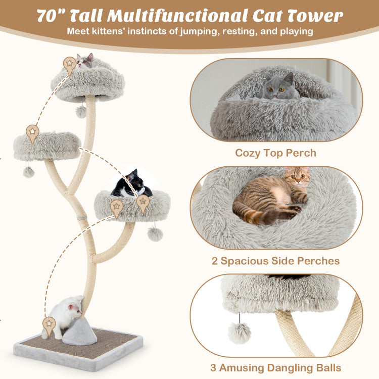 Costway Cat Tree 70" Tall 4-Layer Cat Tower with 3 Perches and Dangling Balls New