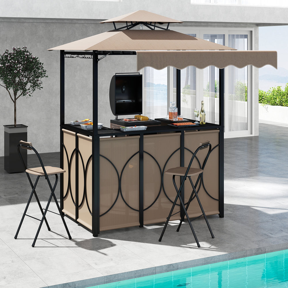 Grill Gazebo with Awning 3-Piece Outdoor BBQ Canopy Double-Tier Soft Top Barbecue Shelter-Coffee - Gallery View 1 of 10