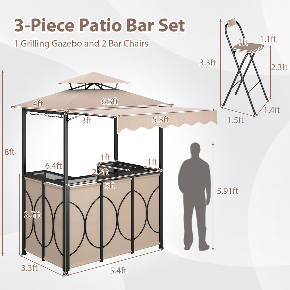3-piece patio bar set featuring a grilling gazebo with a soft top and two foldable bar chairs for outdoor gatherings.