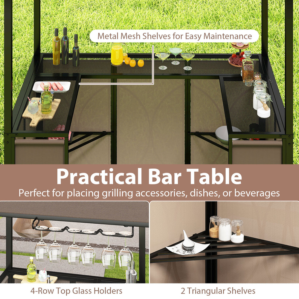 Practical bar table with metal mesh shelves, ideal for placing grilling accessories and beverages in the outdoor gazebo.