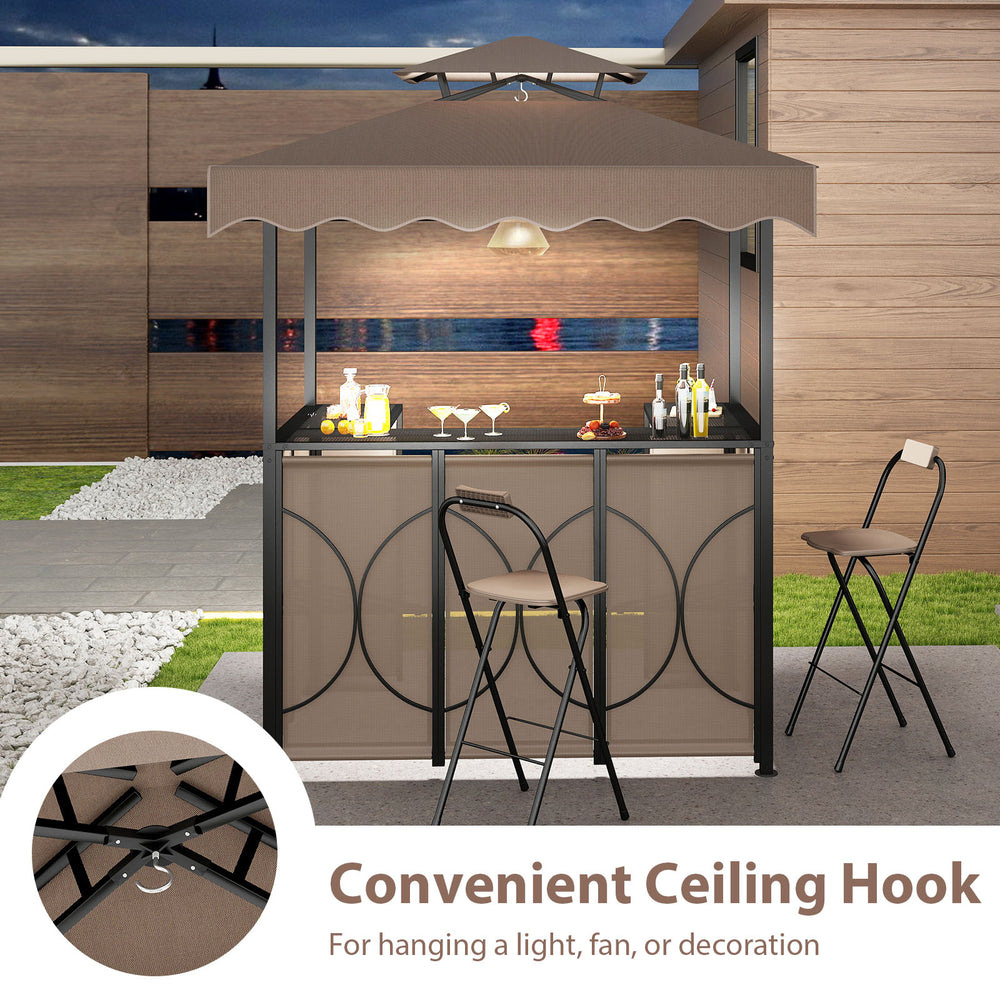 Grill gazebo with awning featuring a convenient ceiling hook, ideal for outdoor BBQs and relaxation with bar chairs.