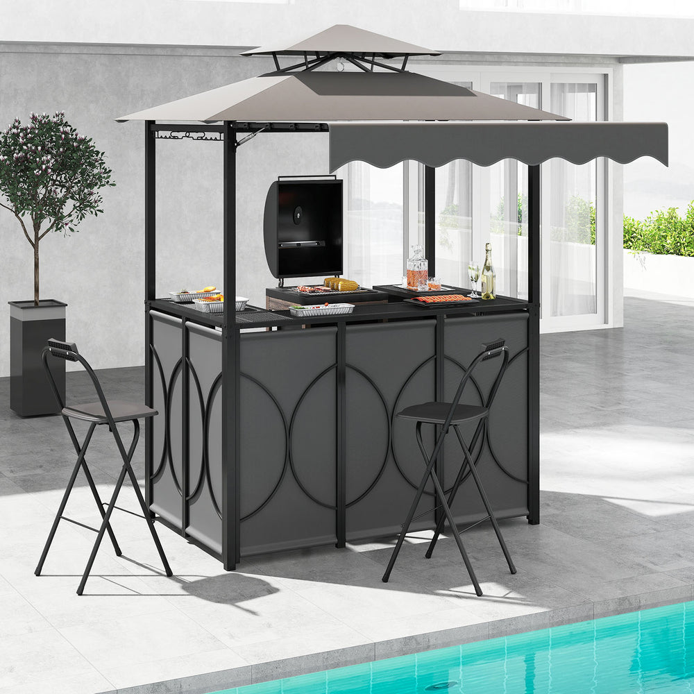 Grill Gazebo with Awning 3-Piece Outdoor BBQ Canopy Double-Tier Soft Top Barbecue Shelter-Gray - Gallery View 1 of 10
