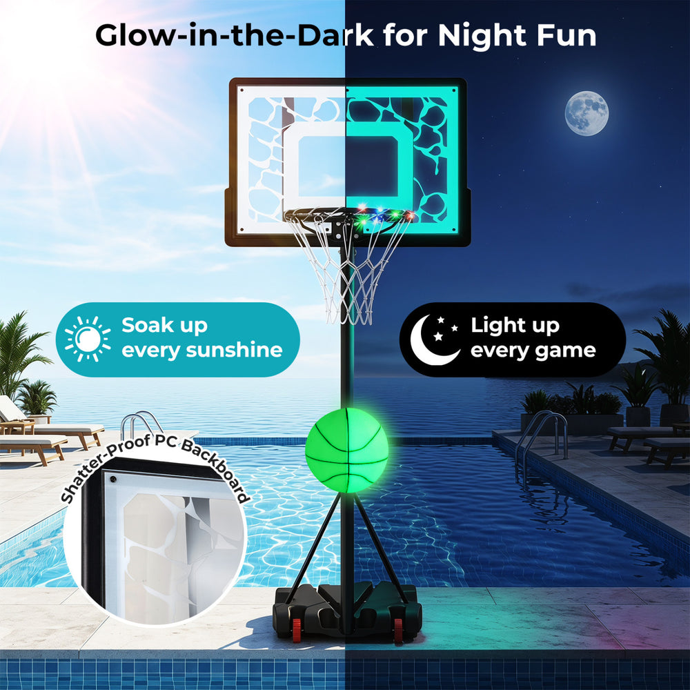 Pool basketball hoop with LED lights features a shatter-proof backboard and adjustable rim height for night training fun.