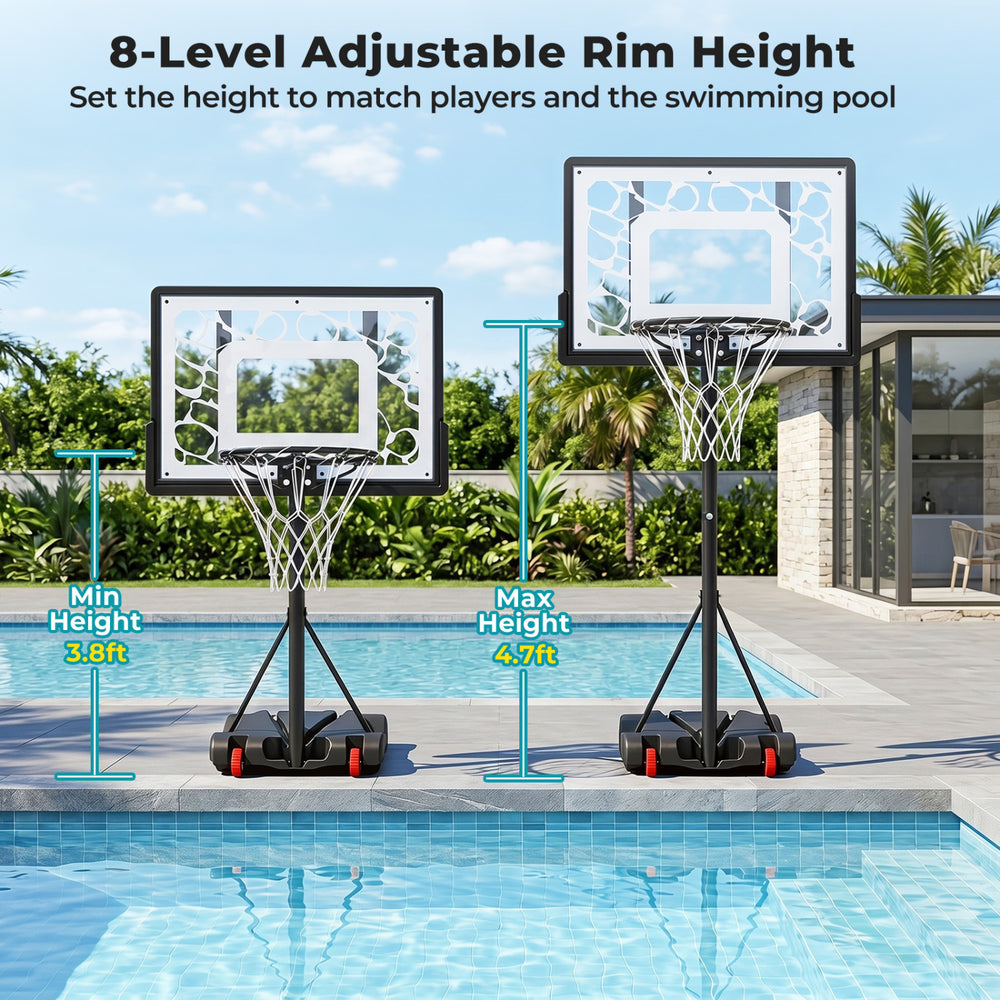 Adjustable pool basketball hoop with LED lights, featuring 8 height levels for different players and a stable design.