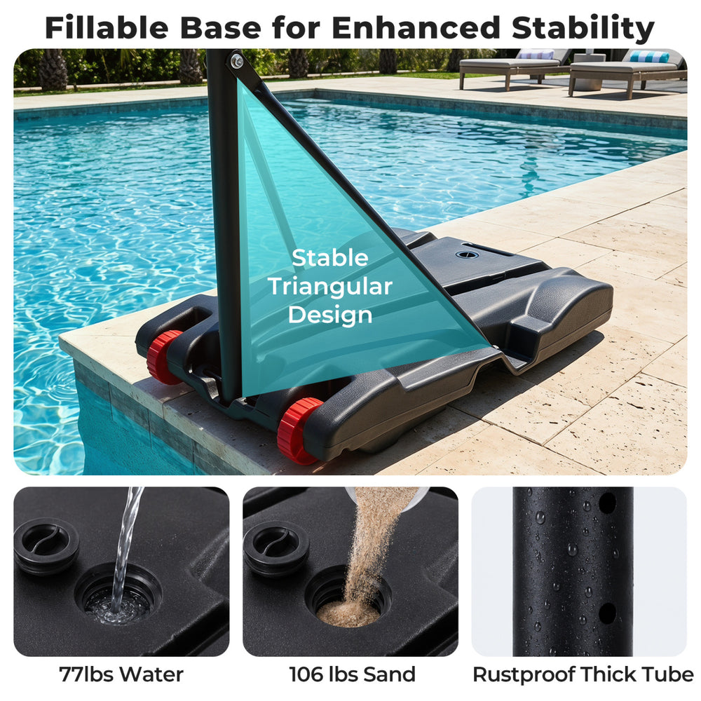 Stable triangular base design of the pool basketball hoop with fillable water or sand for enhanced stability.