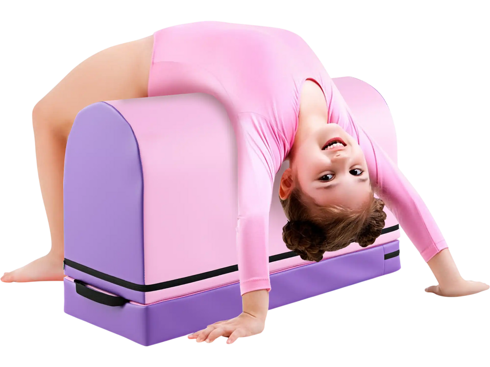 Gymnastics vaulting box in purple with detachable mat, designed for kids' training and backbend practice.
