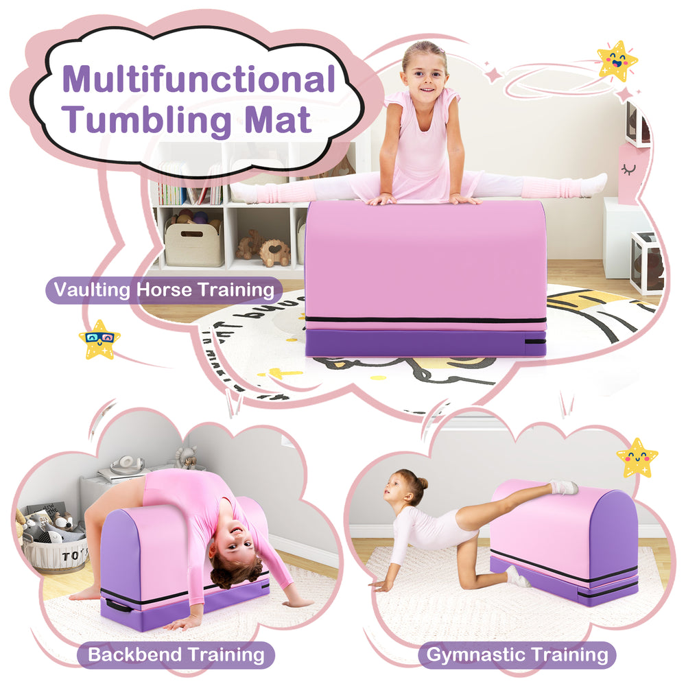 Purple gymnastics vaulting box with detachable mat, ideal for backbend and vaulting horse training for kids aged 3-10.
