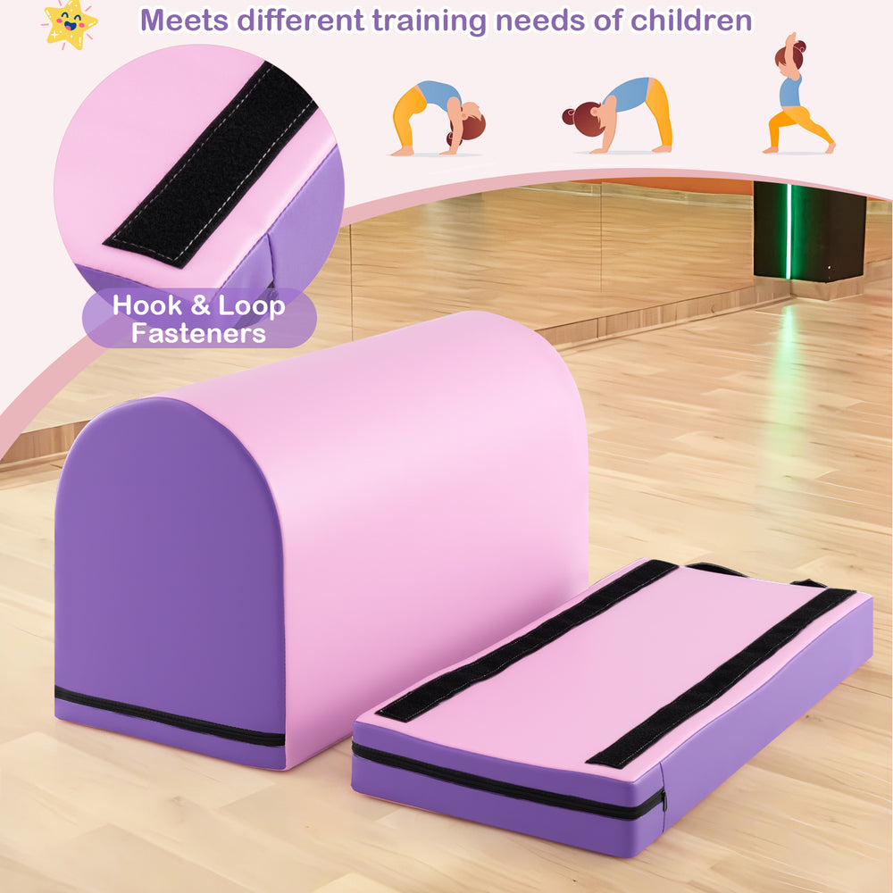 Gymnastics vaulting box in purple with detachable mat and hook & loop fasteners, ideal for kids' training at home or.