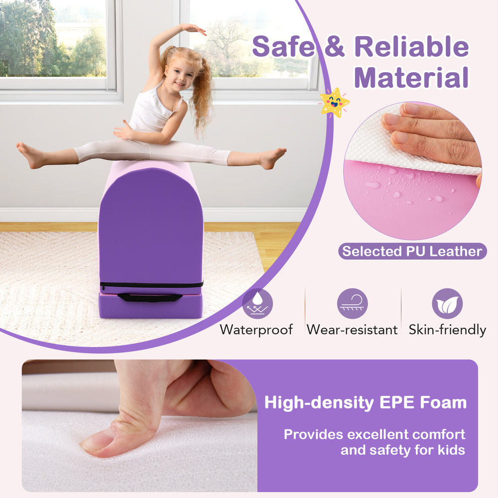 Gymnastics vaulting box in purple with detachable mat, made of PU leather and high-density EPE foam for kids' training.