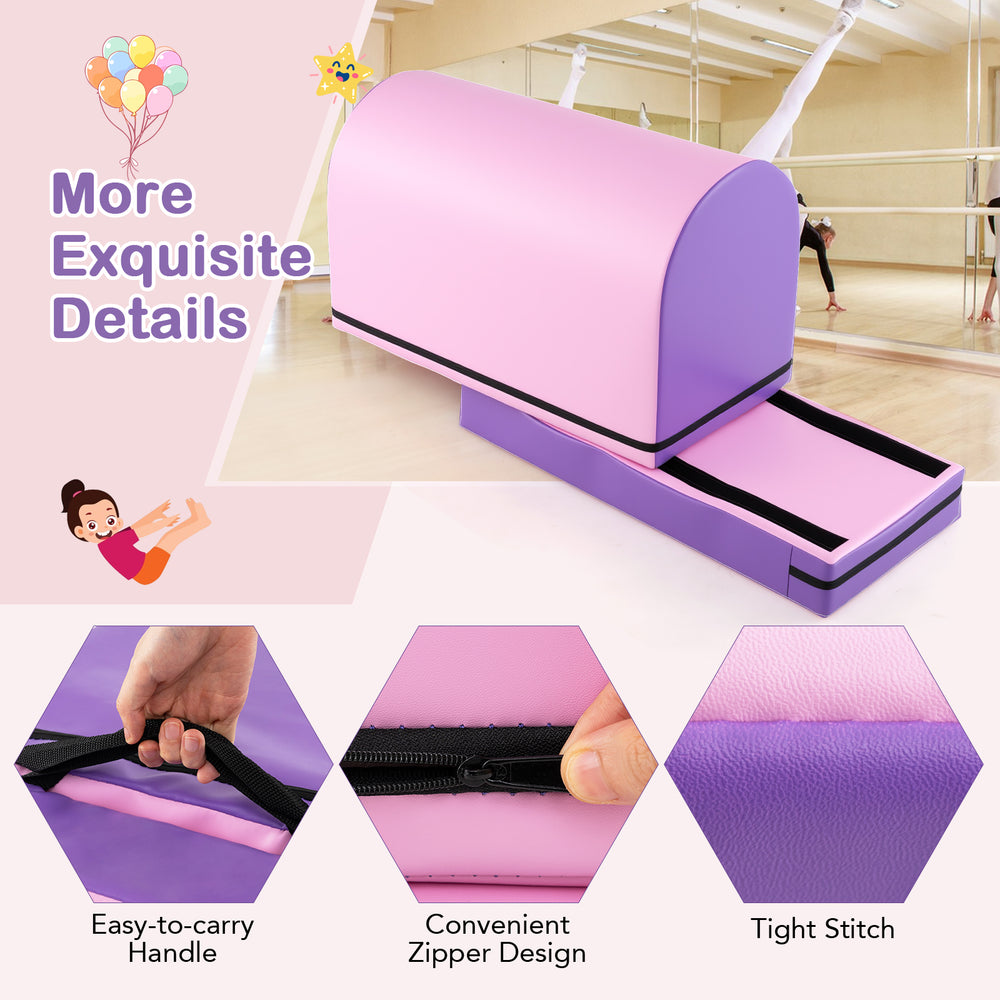 Gymnastics vaulting box in purple with detachable mat, easy-to-carry handle, and convenient zipper for kids' training.