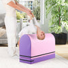 Purple gymnastics vaulting box shown in use, featuring a detachable mat and designed for versatile training for kids.