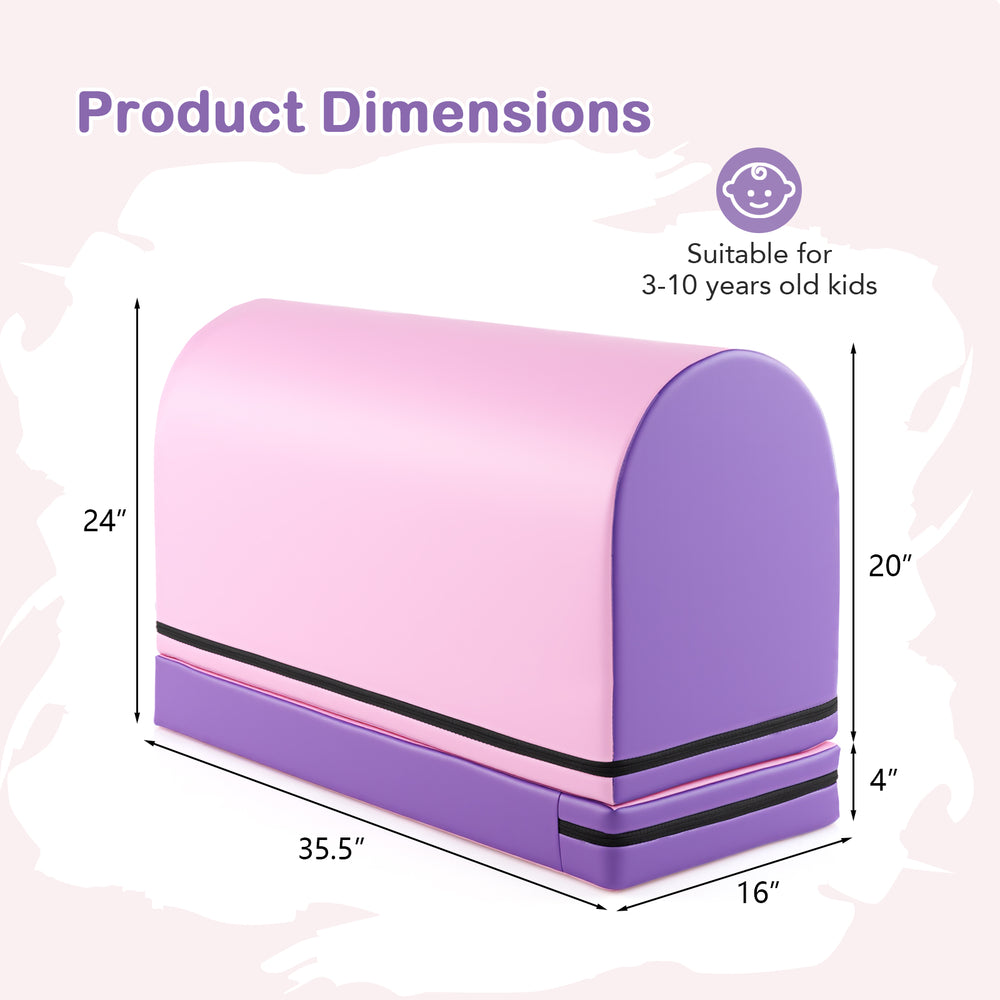 Gymnastics vaulting box in purple with dimensions 35.5" x 24" x 20", designed for kids aged 3-10 years.