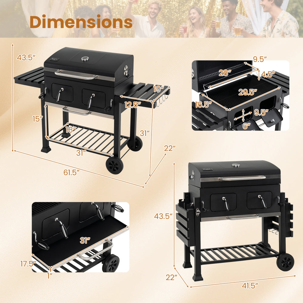 Large charcoal grill with lifting trays, folding tables, and wheels, featuring a 752 sq.in cooking area for outdoor.