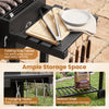 Large charcoal grill with folding side tables, 8 hanging hooks, and bottom shelf for outdoor cooking convenience.