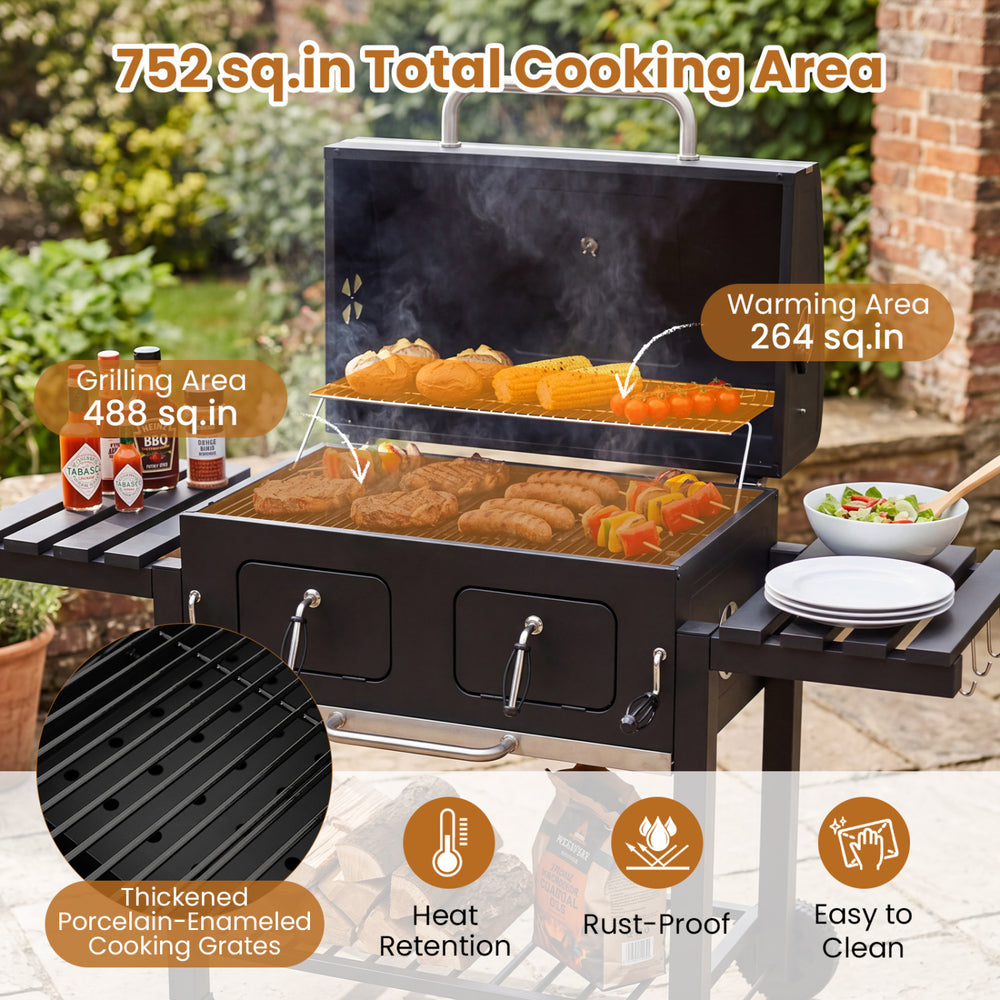 Large charcoal grill with lifting charcoal trays, 752 sq.in cooking area, and folding tables for outdoor barbecues.