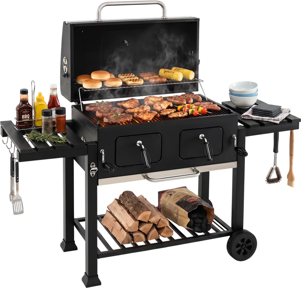 Large Charcoal Grill with Lifting Charcoal Trays and Folding Tables and Wheels