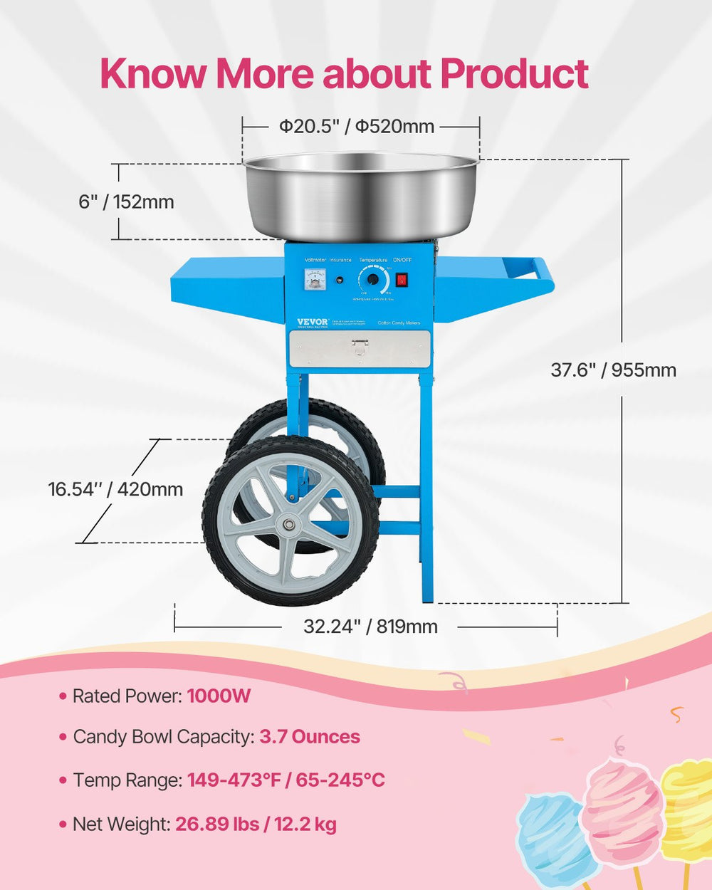 Vevor Cotton Candy Machine with Cart 1000W Commercial with Temp Control and Storage Box New