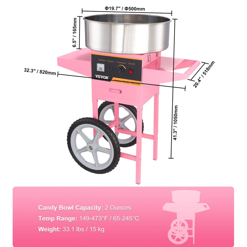 Vevor Cotton Candy Machine with Cart 1000W 149-473°F Stainless Steel Bowl with Sugar Scoop and Drawer New