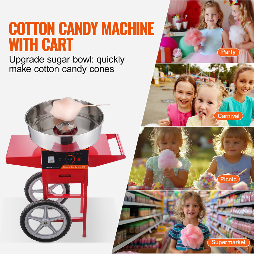 Vevor Cotton Candy Machine with Cart 1000W 244-439°F Stainless Steel Bowl with Sugar Scoop and Drawer New