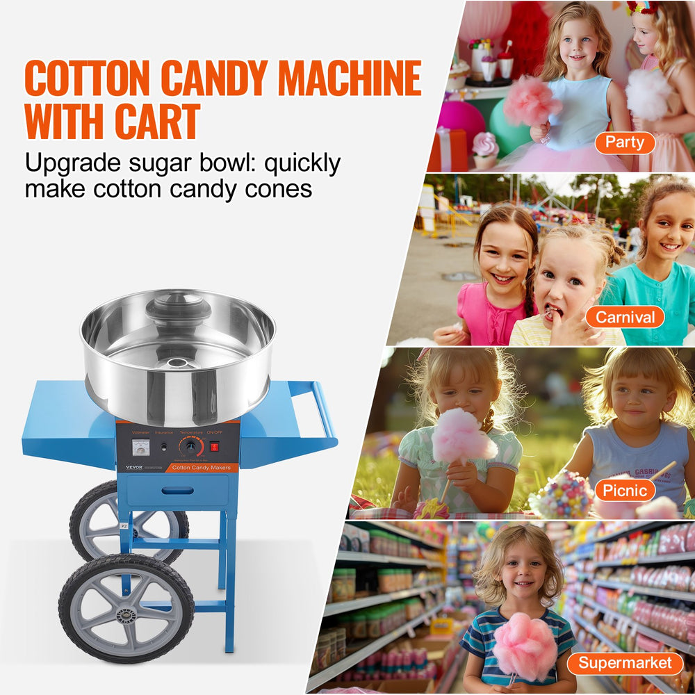 Vevor Cotton Candy Machine with Cart 1000W 244-439°F Stainless Steel Bowl with Sugar Scoop and Drawer New