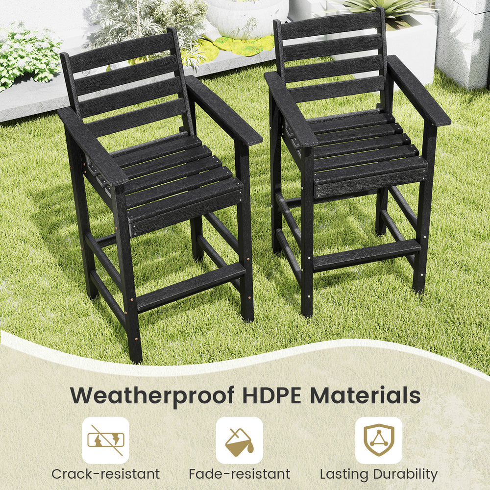 Black HDPE Adirondack bar chairs set of 2 with wide armrests, ideal for outdoor use at bar height tables.