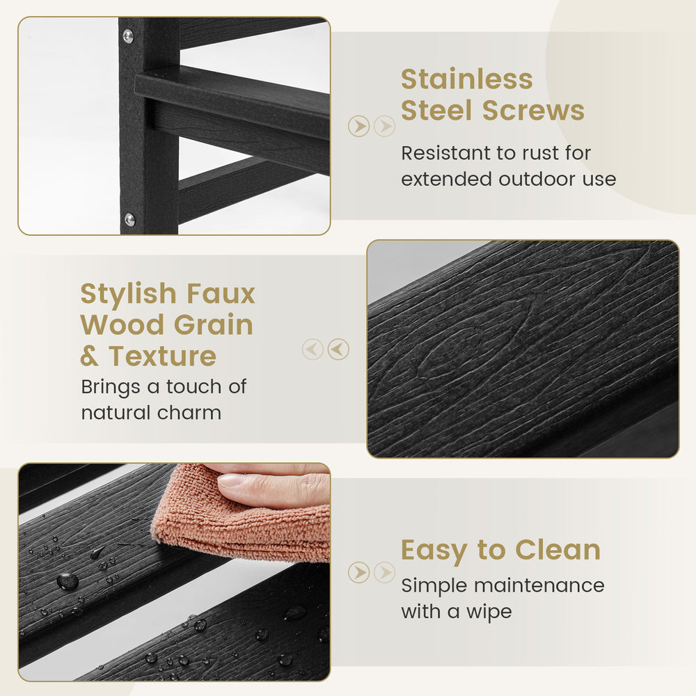 Close-up of the black HDPE Adirondack bar chair showcasing stylish faux wood grain texture and easy-to-clean surface.