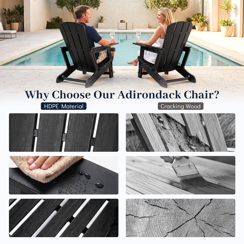 Black HDPE Adirondack chairs with realistic wood grain, perfect for backyard relaxation by the poolside.
