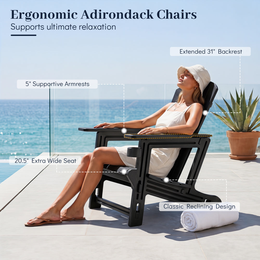 Ergonomic HDPE Adirondack chair with realistic wood grain, extended backrest, and extra wide seat for ultimate.