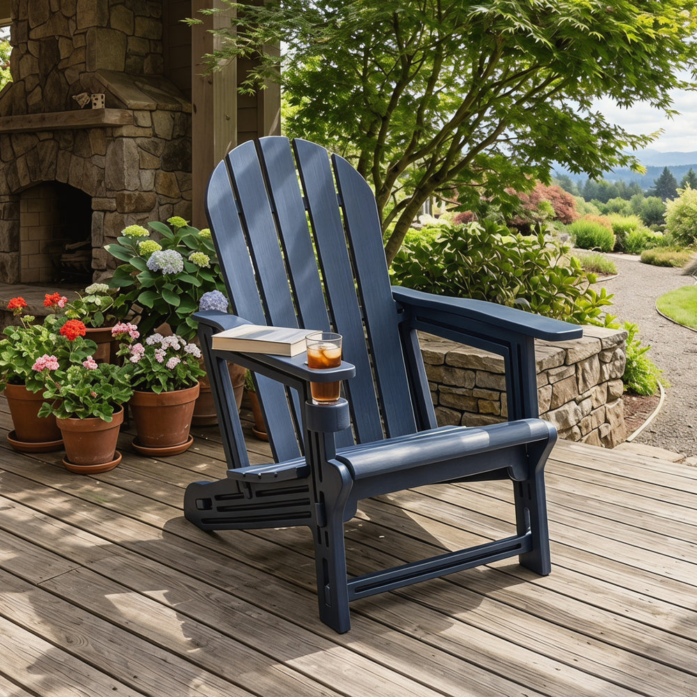 HDPE Adirondack Chair with Cup Holder and Wooden Texture for Patio-Blue - Gallery View 1 of 8
