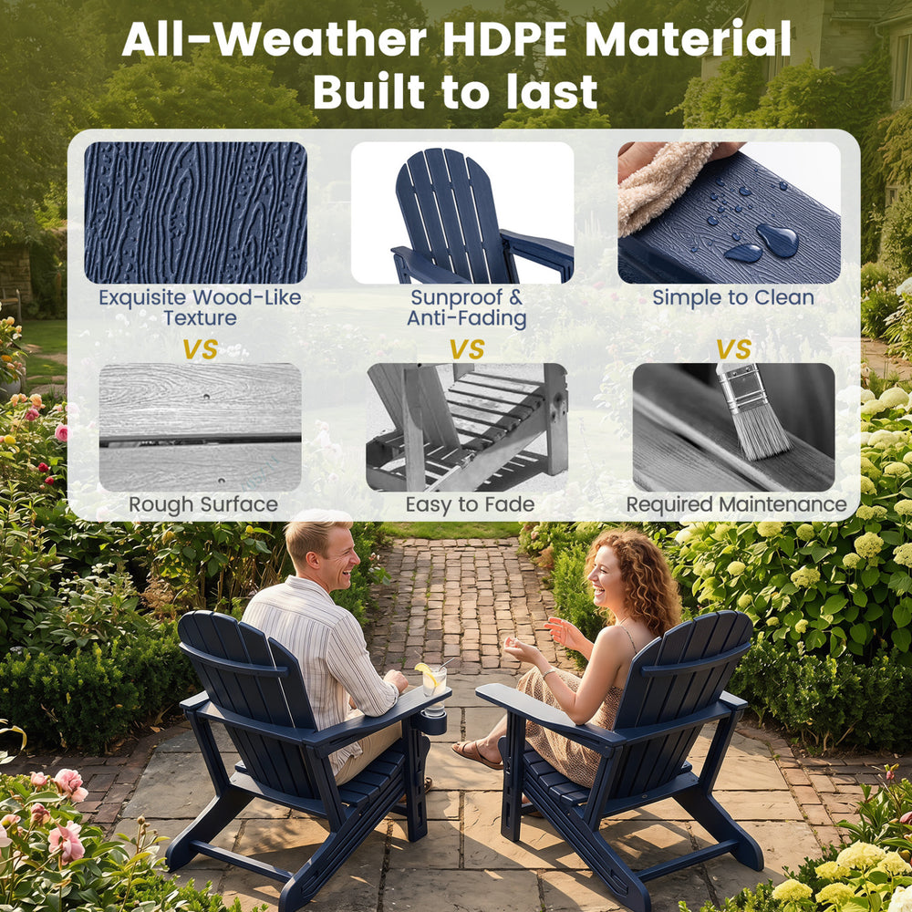HDPE Adirondack chair in blue with a wood-like texture, featuring a cup holder, perfect for patio relaxation.
