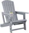 Gray HDPE Adirondack chair with cup holder and wood-like texture, ideal for relaxing in gardens or patios.