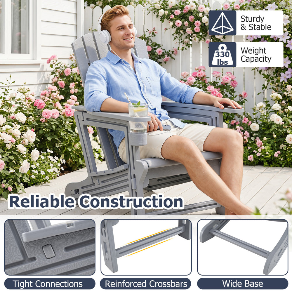 Gray HDPE Adirondack chair with cup holder features a wood-like texture, sturdy construction, and supports up to 330 lbs for outdoor use.