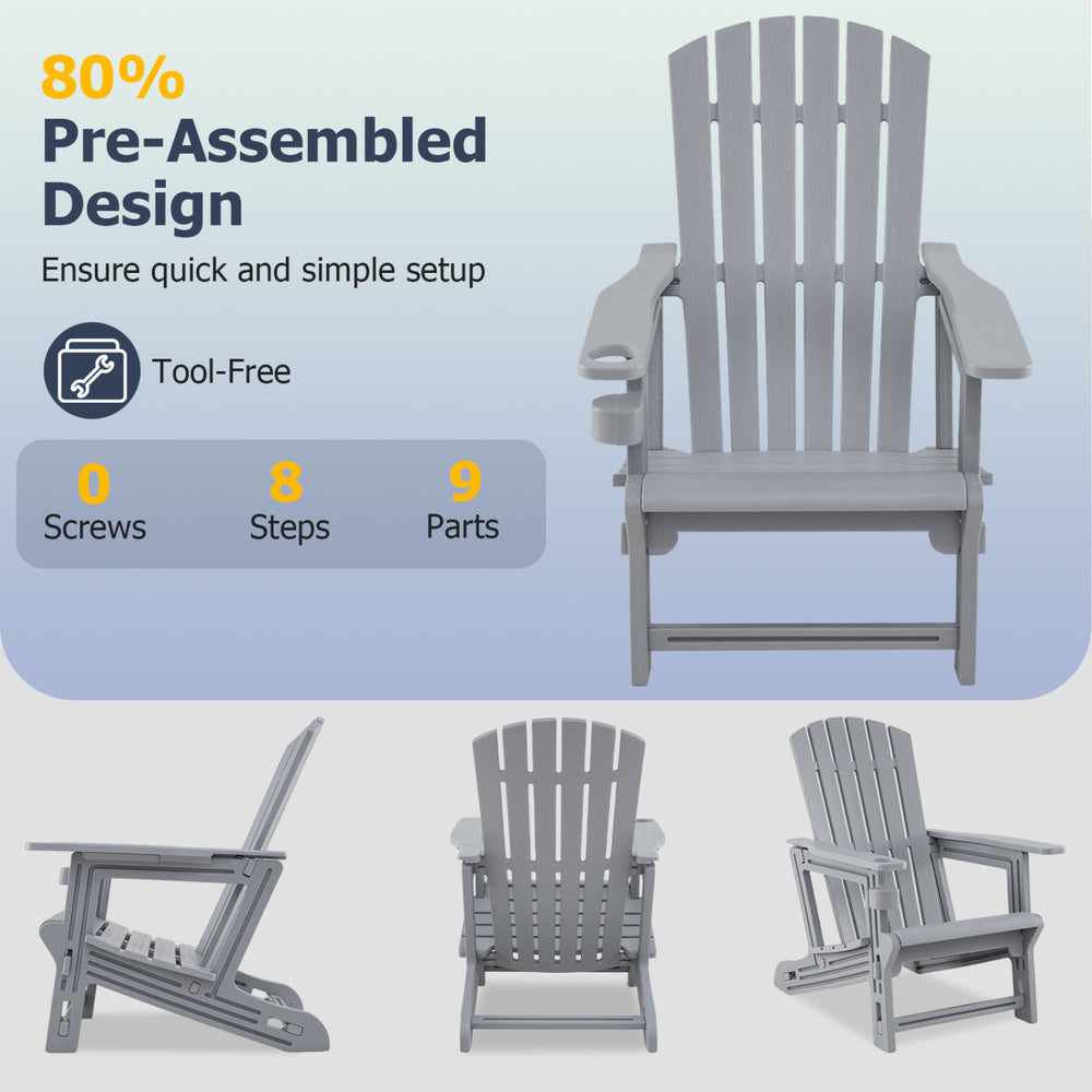 Gray HDPE Adirondack chair with cup holder features a wood-like texture and 80% pre-assembled design for easy setup.