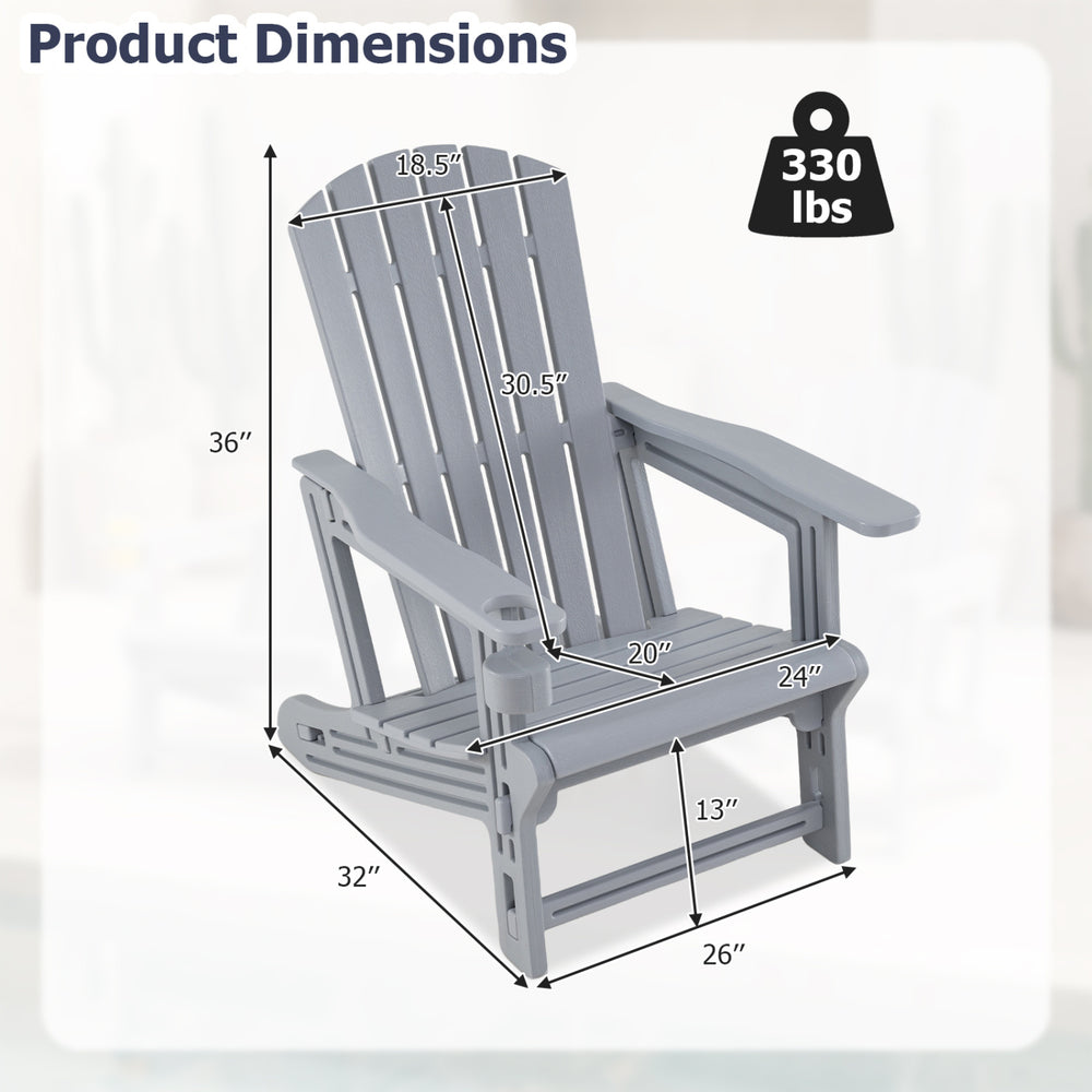 Gray HDPE Adirondack chair with cup holder, featuring a wood-like texture and 330 lbs weight capacity for outdoor relaxation.