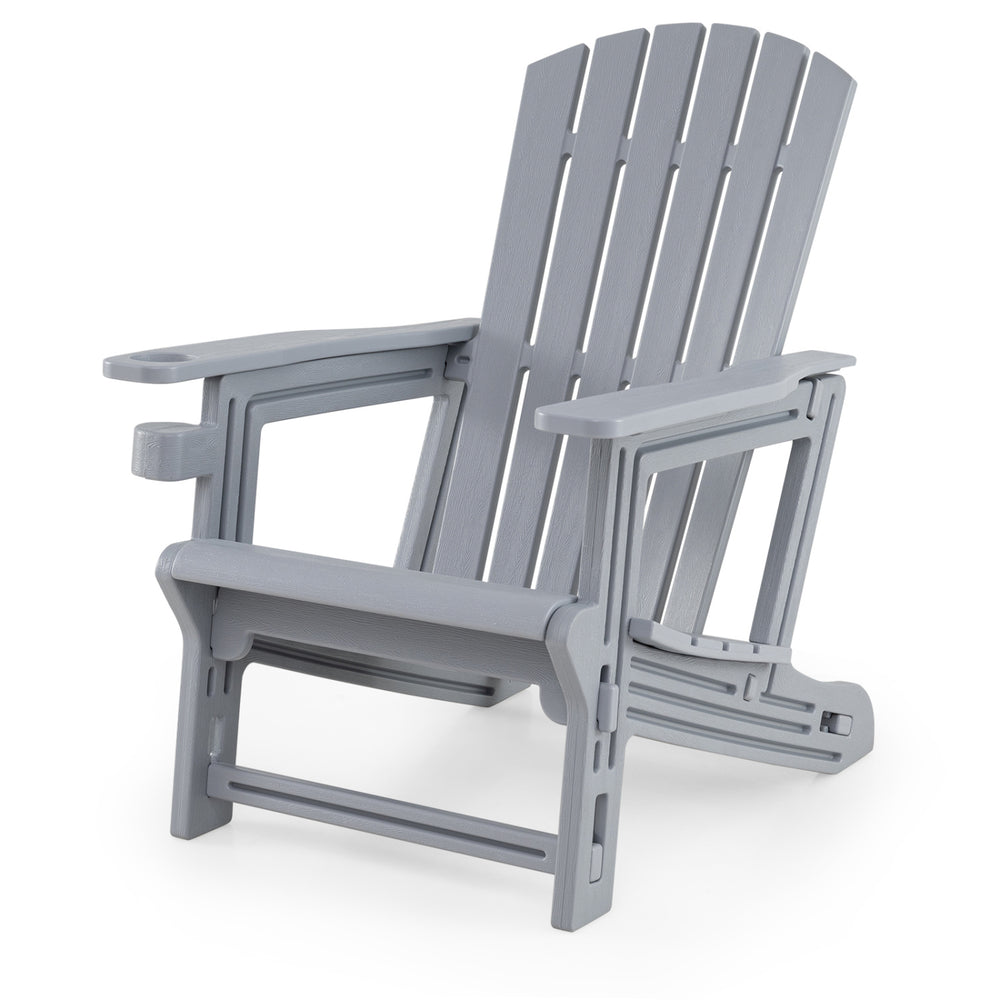 Gray HDPE Adirondack chair with cup holder and wood-like texture, perfect for relaxing in gardens or patios.
