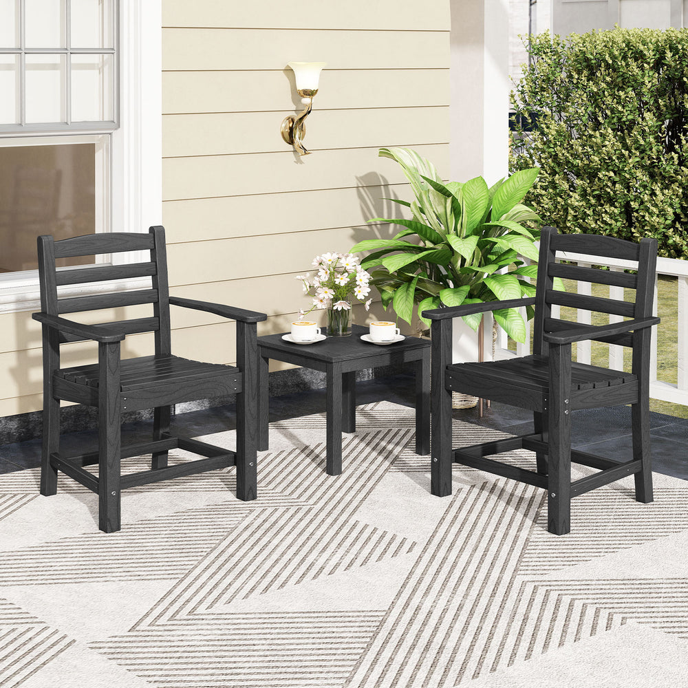 Black HDPE patio dining chairs set of 2 with wide armrests, perfect for outdoor relaxation and durability.