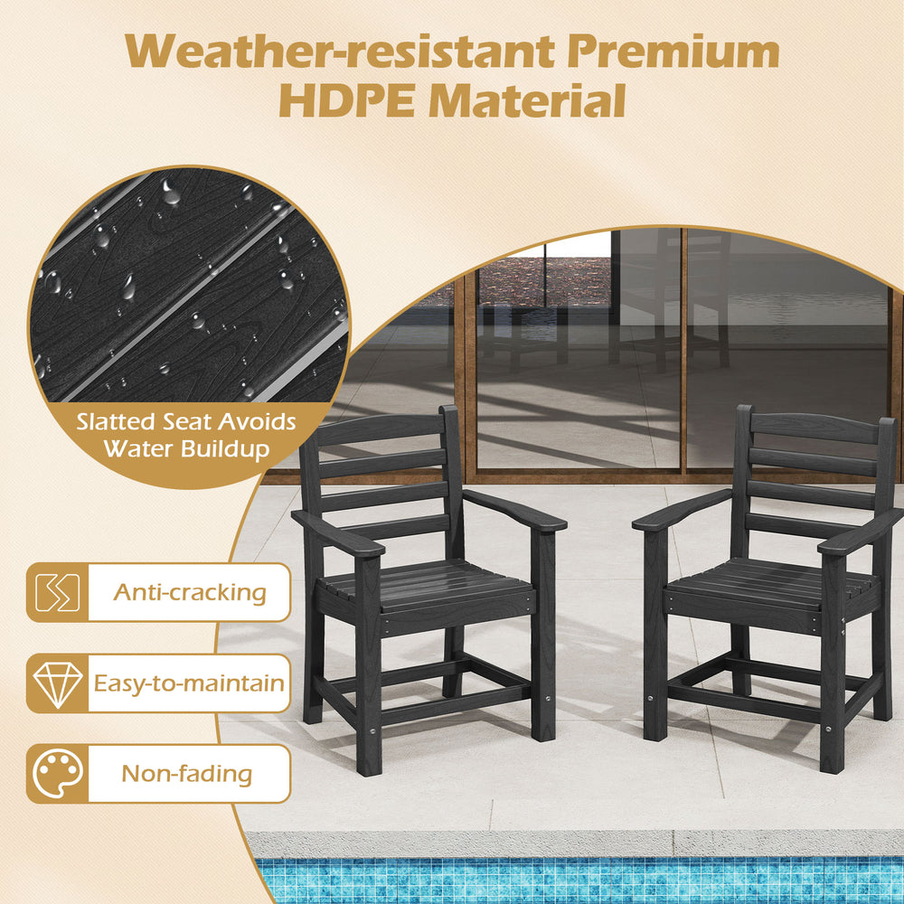 Black HDPE patio dining chairs set of 2 with wide armrests, slatted seat design for water drainage, ideal for outdoor.