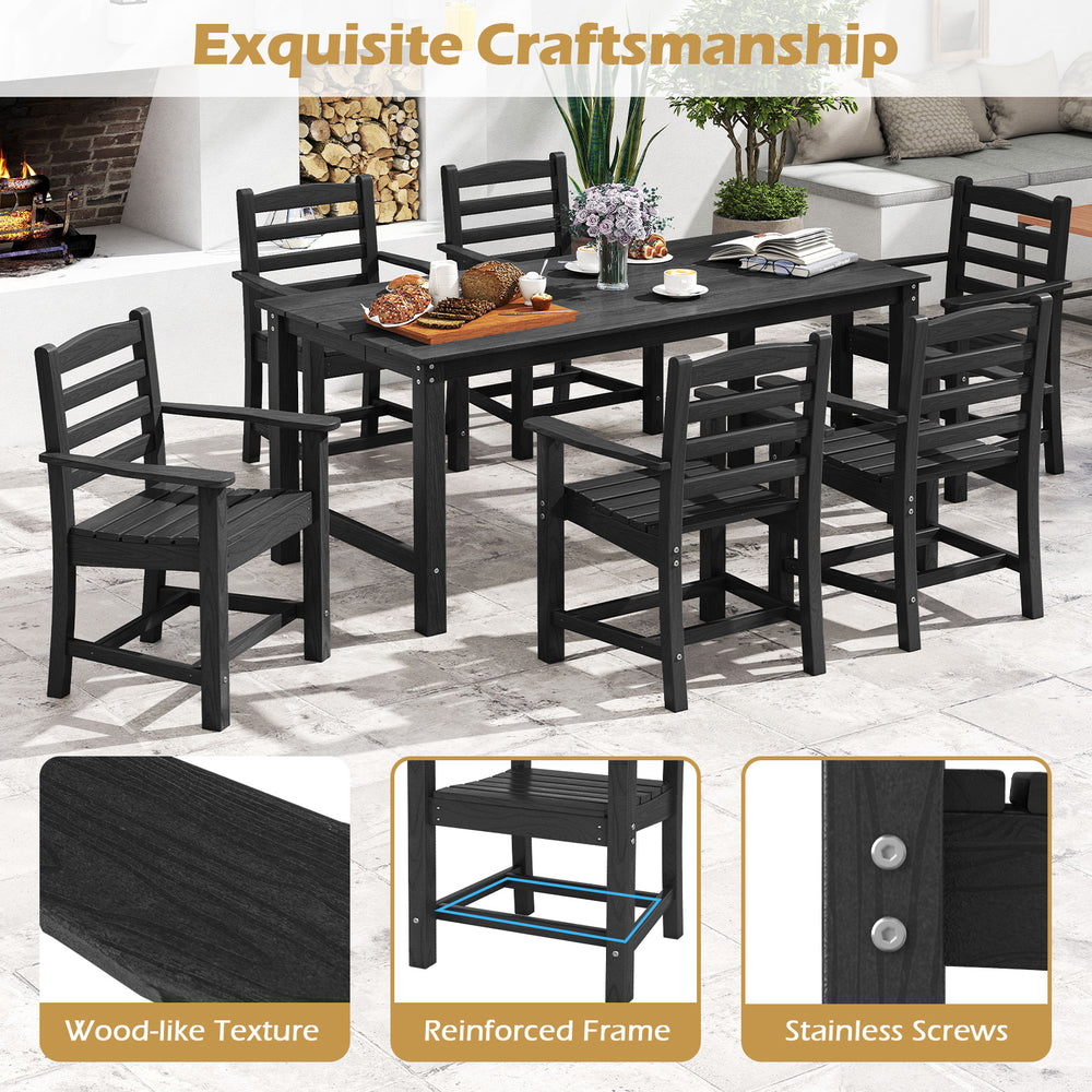 Black HDPE patio dining chairs set of 2 with wide armrests, featuring a wood-like texture and reinforced frame for.