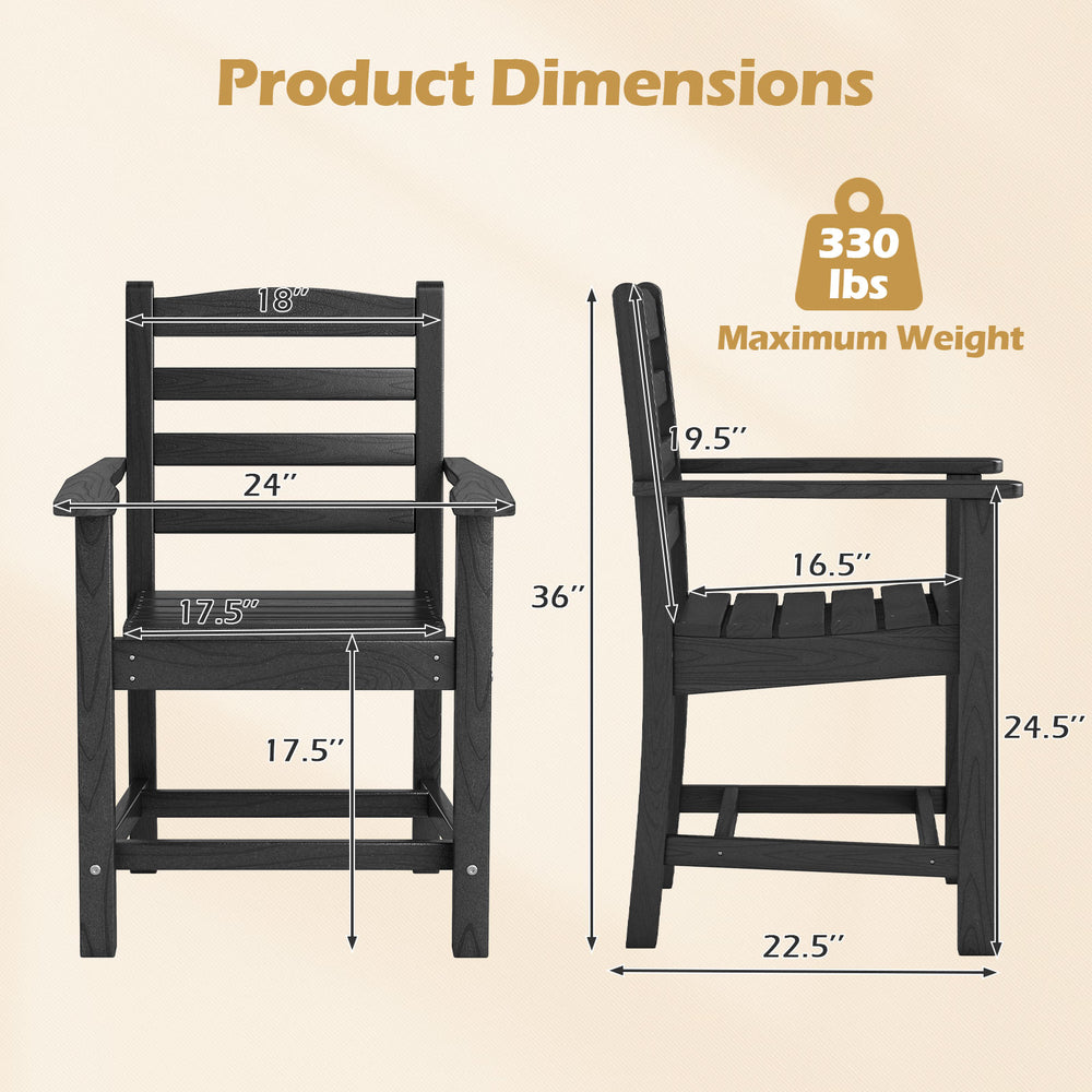 Dimensions of HDPE all-weather patio dining chair with wide armrests, designed for comfort and durability, in black.