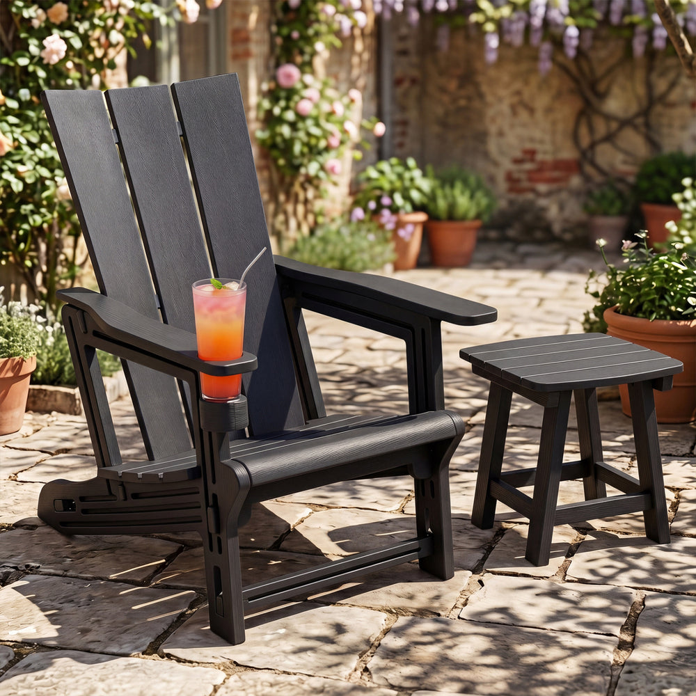 HDPE Outdoor Adirondack Chairs with Cup Holder-Black - Gallery View 1 of 10