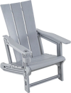 Gray HDPE outdoor Adirondack chair features a curved backrest and built-in cup holder, perfect for relaxing in style.